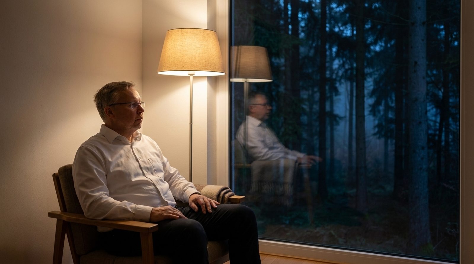 Guido Ludwigs sitzt am Abend am Fenster, draußen ein dunkler Wald