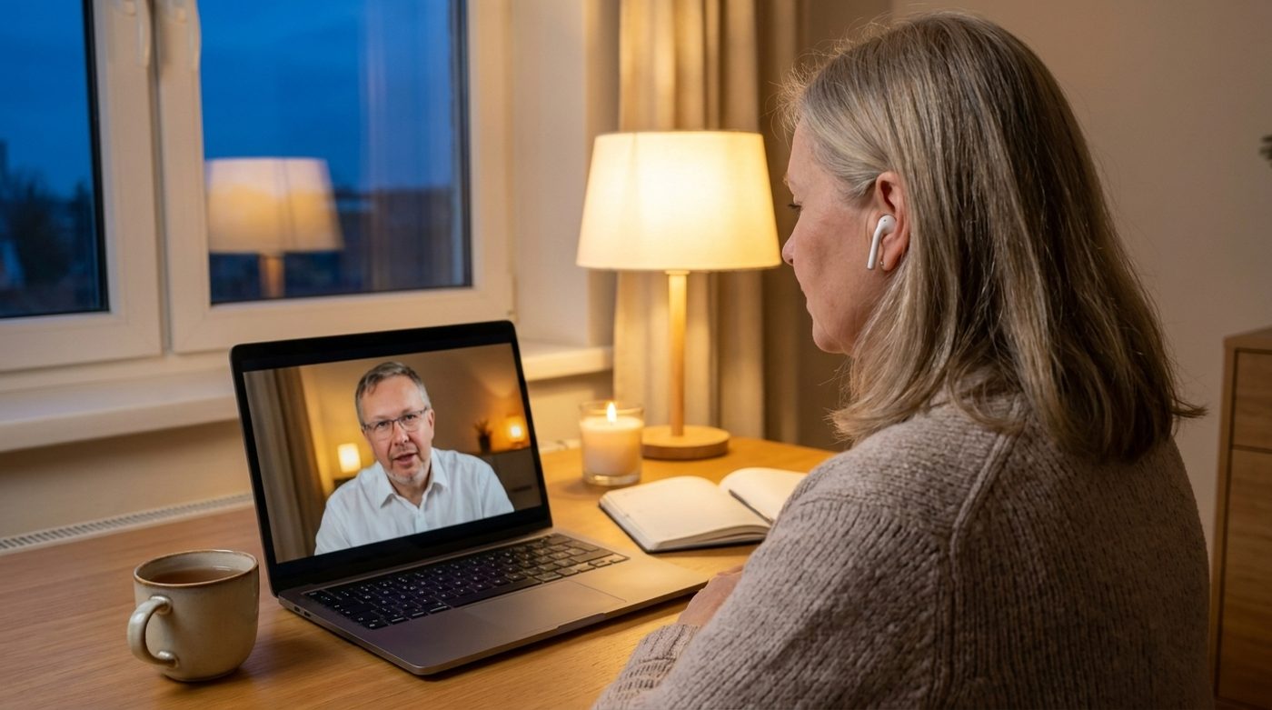 Eine Teilnehmerin sitzt zu Hause am Laptop, auf dem Bildschirm ist Guido zu sehen