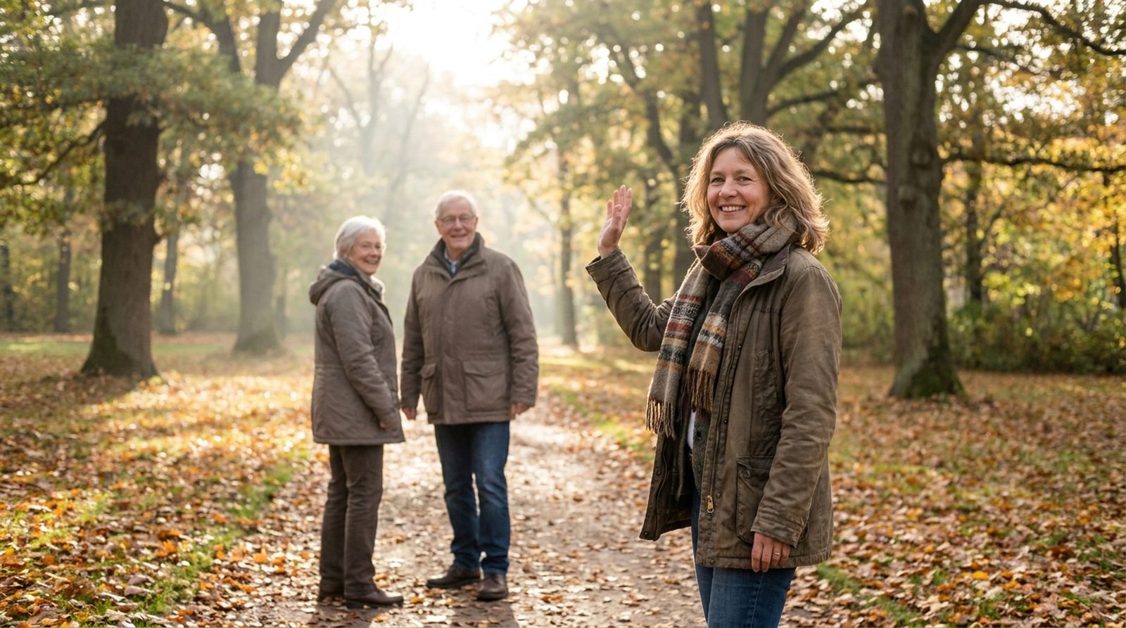 Eine Frau wendet sich auf einem Weg im Park lächelnd zwei Menschen zu